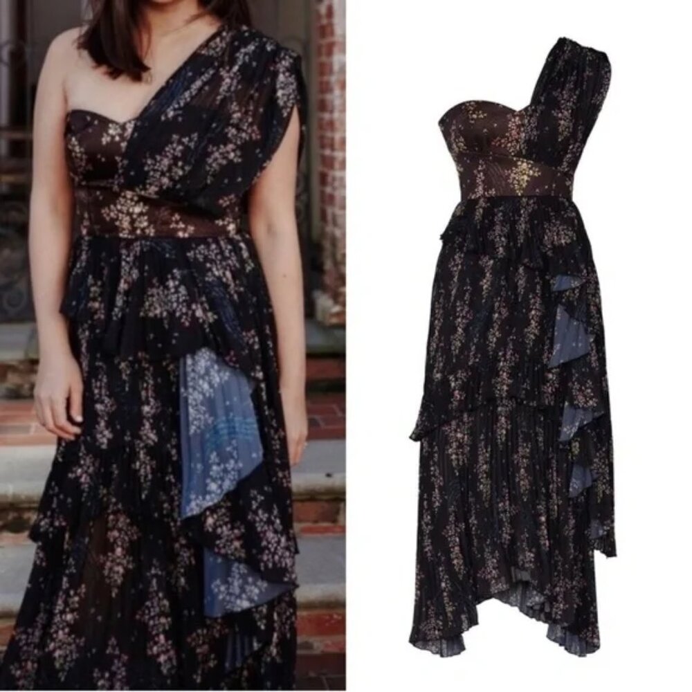 AMUR Asymmetric Gown One Shoulder Tiered Ruffle Dress Luxe Maxi Floral Unique 10